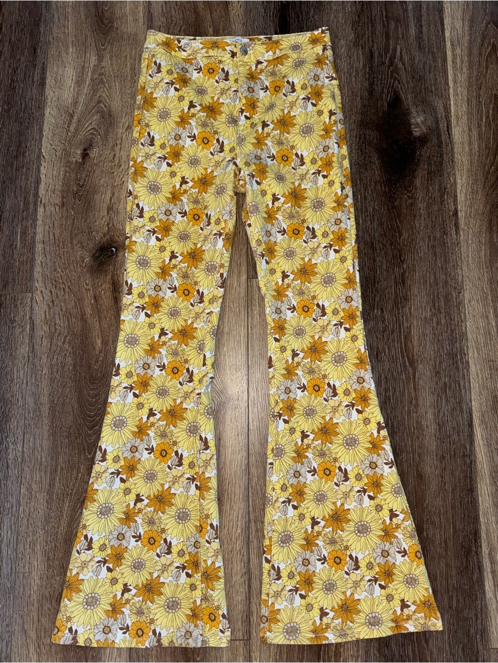 Forever 21 High Rise Yellow and Brown Floral Flare Pants Size 29 EUC